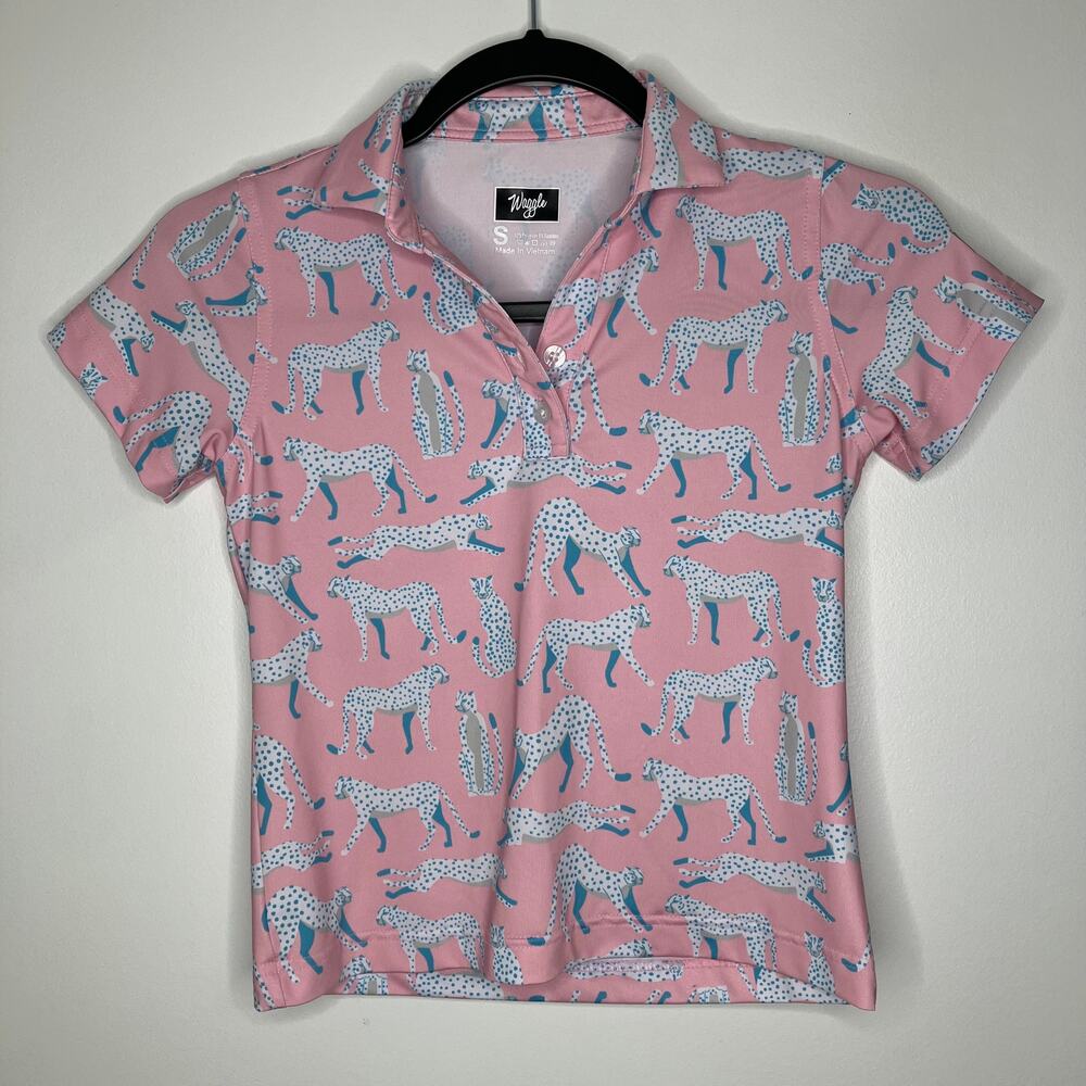WAGGLE GOLF Girls Cheetah Print Golf Polo Short Sleeve Shirt Pink Blue Small